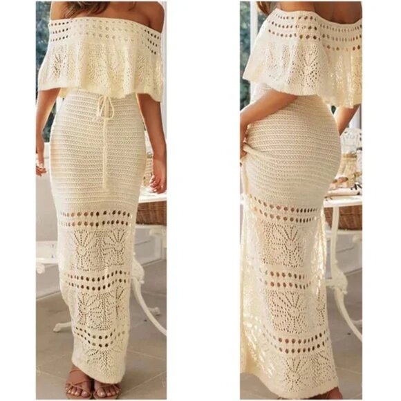 Floral Crochet Off Shoulder High Waisted Maxi dress - Picture 1 of 2